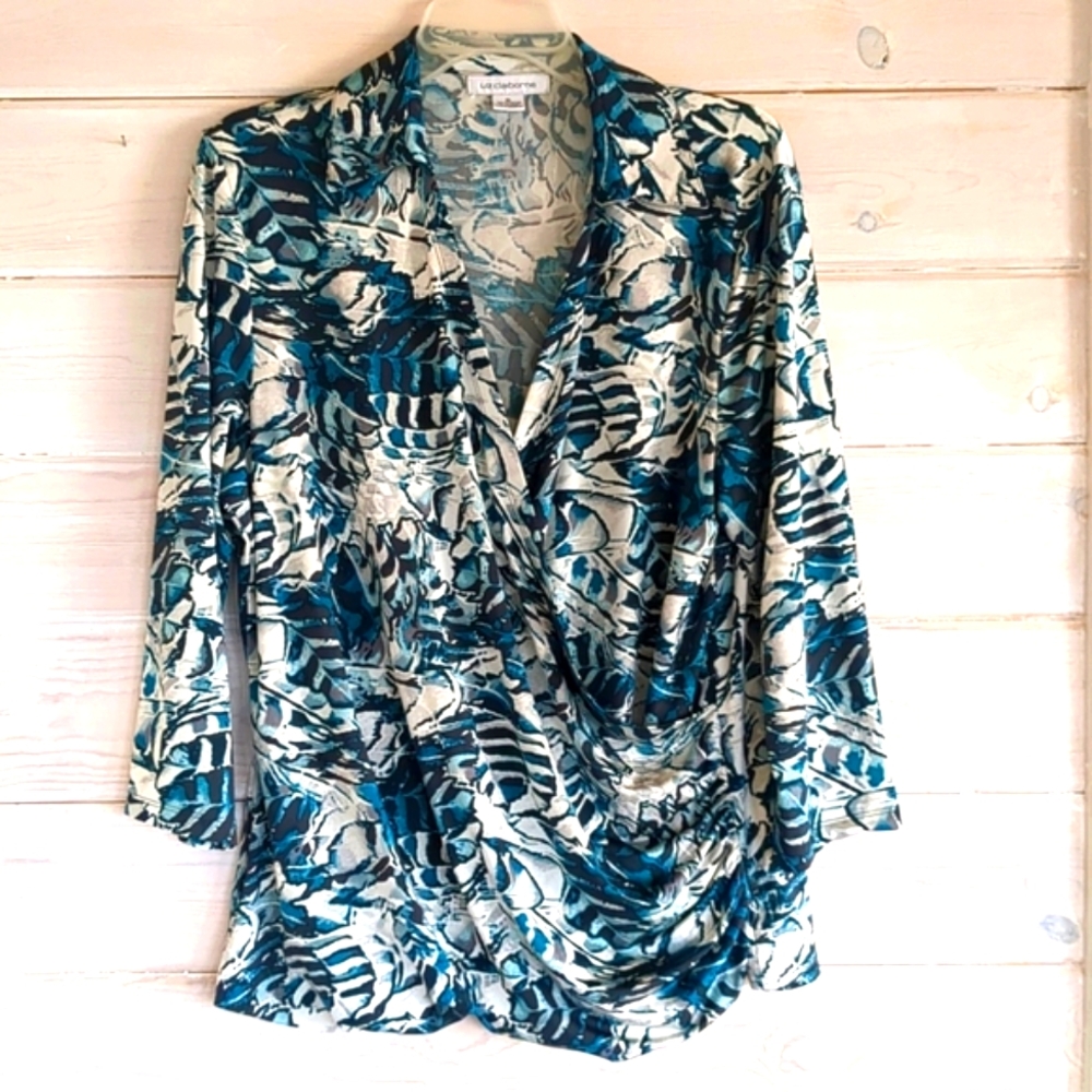 Liz Claiborne 90s Retro Faux Wrap Top XL, Side Ruching, Collar, 3/4 Sleeves EUC